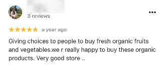 Five-star review for a store selling organic fruits and vegetables, posted a year ago.
