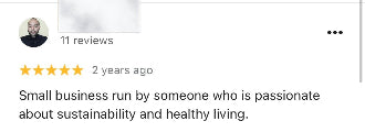 Five-star review for a small business run by someone passionate about sustainability and healthy living, with a profile picture and rating displayed.