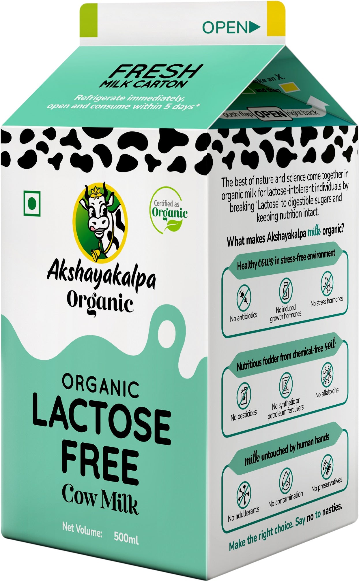 Akshayakalpa Organic Lactose Free Milk - Pasteurized - 500ml